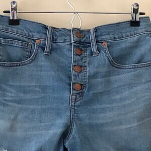 Madewell Shorts High-Rise Button Fly Blue Cut Off Stretch Raw Hem size 27